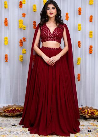 Readymade Maroon Embellished Cape Style Lehenga Choli