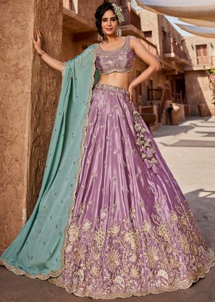 Lavender Embroidered Satin Lehenga Choli Set