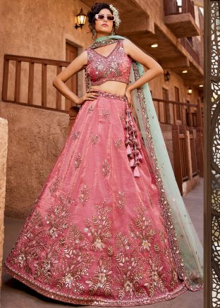 Pink Embroidered Tissue Lehenga Choli Set