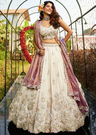 Embroidered Cream Tissue Lehenga Choli