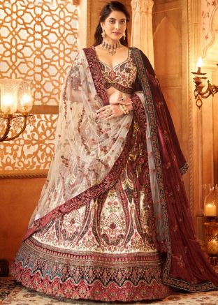 Cream Embroidered Silk Lehenga Choli