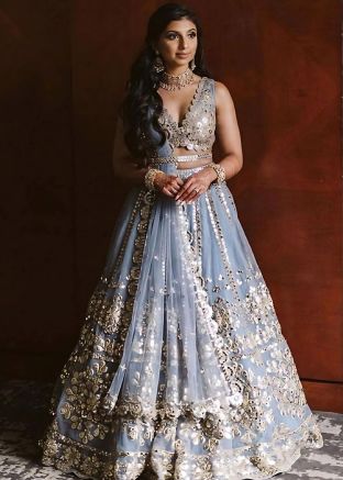 Grey Embellished Lehenga Choli In Net