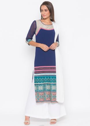 Blue Readymade Straight Cut Printed Border Palazzo Suit