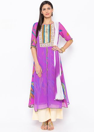 Pink and Purple Printed Layered Readymade Palazzo Suit