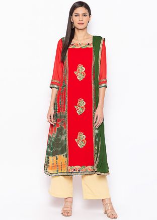 Red Tie Dye Printed Paneled Readymade Palazzo Suit