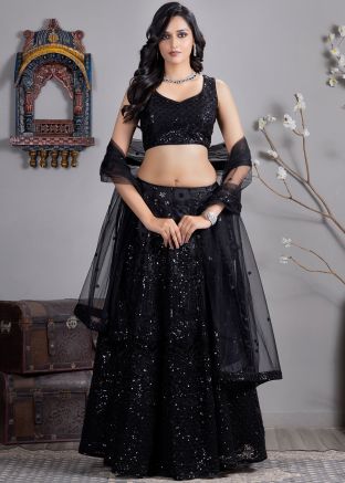 Black Sequins Work Lehenga Choli In Satin Silk