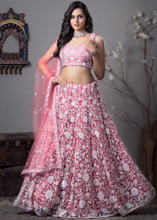 Pink Embellished Satin Lehenga Choli & Dupatta