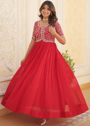 Red Readymade Embroidered Gown In Georgette