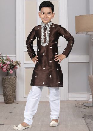 Readymade Brown Color Art Silk Kids Kurta Pajama