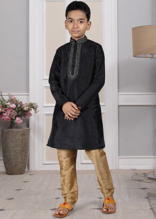Readymade Black Color Art Silk Kids Kurta Pajama