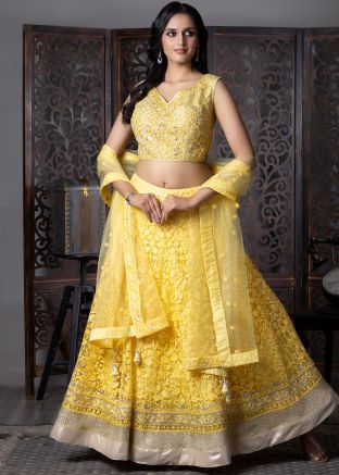 Yellow Thread Embroidered Net Lehenga Choli
