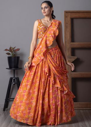 Orange Embroidered Lehenga Choli In Organza