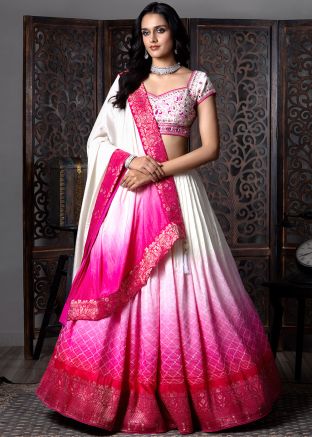 White & Pink Shaded Lehenga Choli In Art Silk