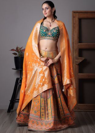 Orange Zari Woven Lehenga Choli In Tissue