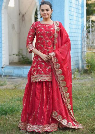 Red Embroidered Art Silk Lehenga Choli Set