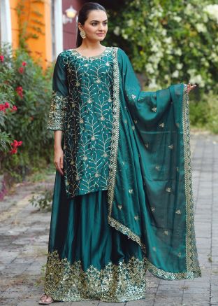 Teal Blue Embroidered Art Silk Lehenga Choli