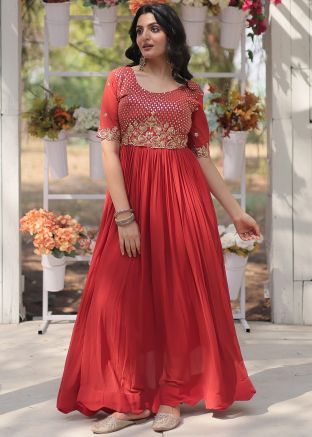 Red Embroidered Readymade Georgette Gown