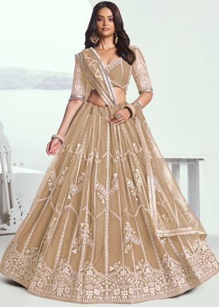 Beige Embroidered Net Lehenga Choli
