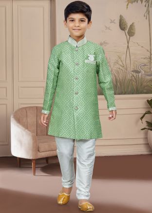 Green Readymade Printed Kids Embroidered Sherwani Set 