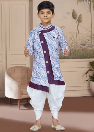 Blue Readymade Printed Kids Asymmetric Dhoti Kurta