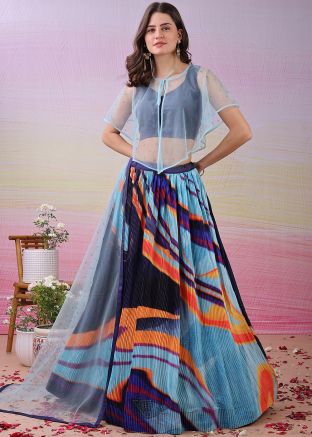 Navy Blue Digital Print Lehenga Choli & Cape