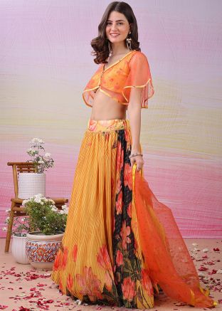 Mustard Yellow Digital Print Lehenga Choli & Cape