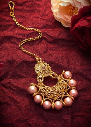 Pearl Beaded Peach and Golden Maang Tikka