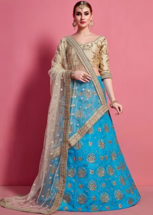 Sky Blue Art Silk Embroidered Lehenga Choli