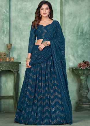 Teal Blue Foil Print Georgette Lehenga Choli