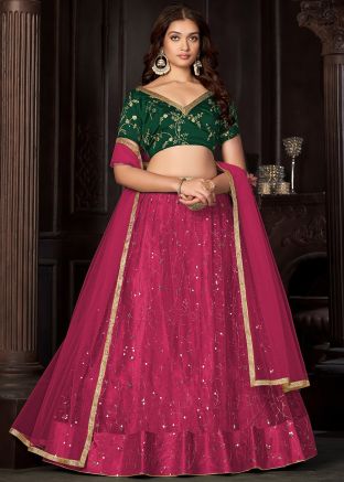 Dark Pink Embellished Net Lehenga Choli