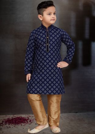 Readymade Navy Blue Printed Kids Kurta Pajama