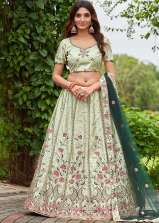 Green Embroidered Satin Silk Lehenga Choli