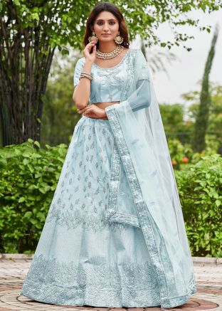 Sky blue Satin Embroidered Lehenga Choli