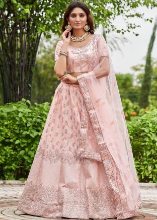 Pink Embroidered Satin Lehenga Choli Set
