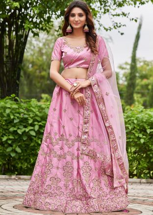 Pink Embroidered Lehenga Choli In Satin Silk