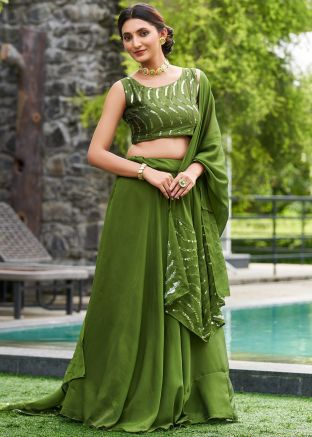 Green Embroidered Lehenga Choli In Art Silk