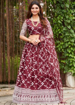 Maroon Embroidered Net Lehenga Choli