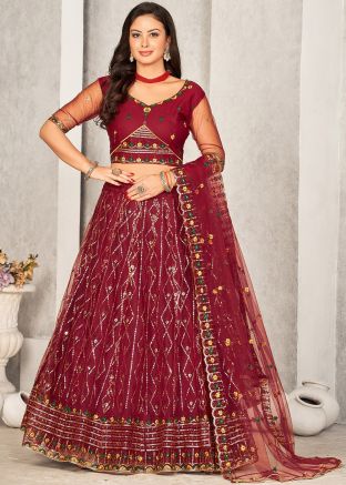Maroon Embroidered Net Lehenga Choli