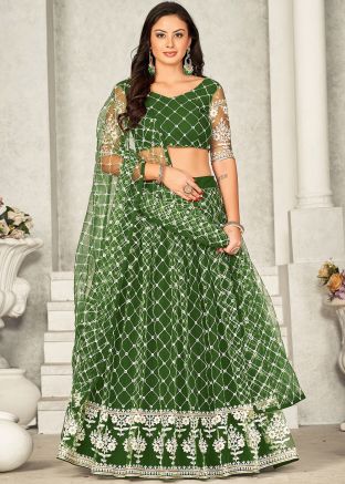 Green Embroidered Net Lehenga Choli