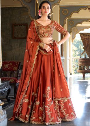 Orange Embroidered Lehenga Choli In Art Silk