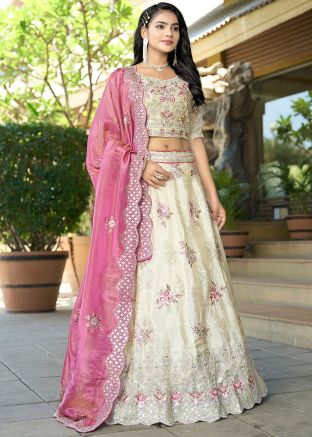 Cream Embroidered Jacquard Lehenga Choli