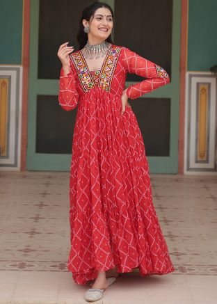 Readymade Bandhani Print Red Gown For Navratri