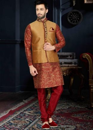 Readymade Red Art Silk Kurta Set With Nehru Jacket