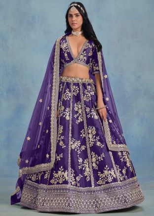 Purple Embroidered Lehenga Choli In Art Silk