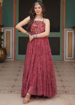 Red Readymade Navratri Style Gown In Georgette