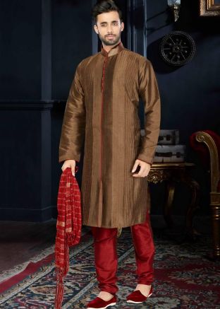 Readymade Brown Art Silk Kurta Churidar Set