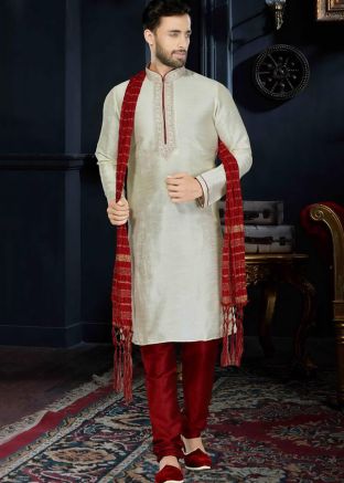 Readymade Off White Art Silk Kurta Churidar Set