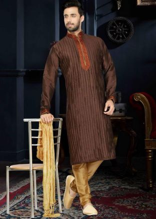 Readymade Brown Art Silk Kurta Churidar Set