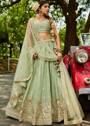 Green Embroidered Chiffon Lehenga Choli