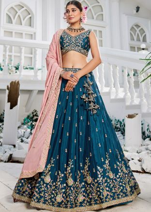 Navy Blue Embellished Lehenga Choli In Chiffon